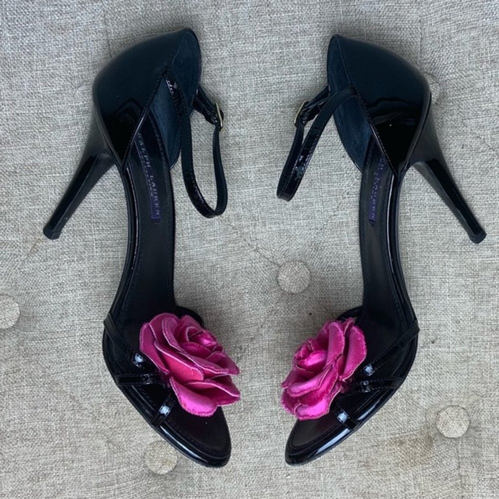 Ralph Lauren Black Leather Heels w/ Silk Flower